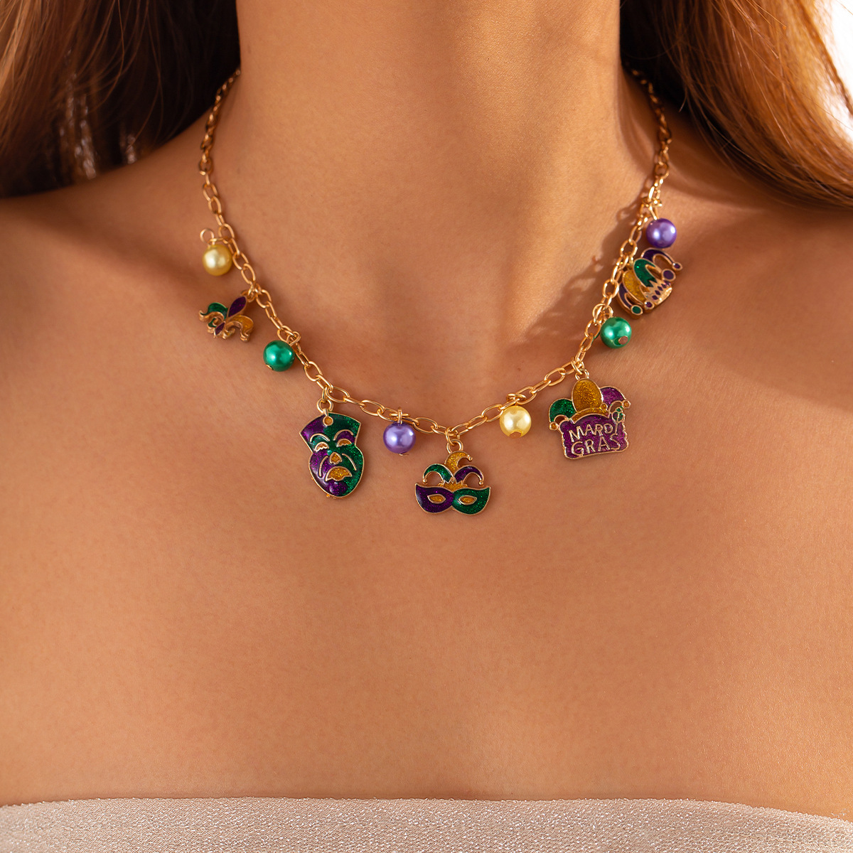 European and American cross-border accessories carnival Mask Pearl Cross chain Necklace High-end alloy Necklace set Specification drawing