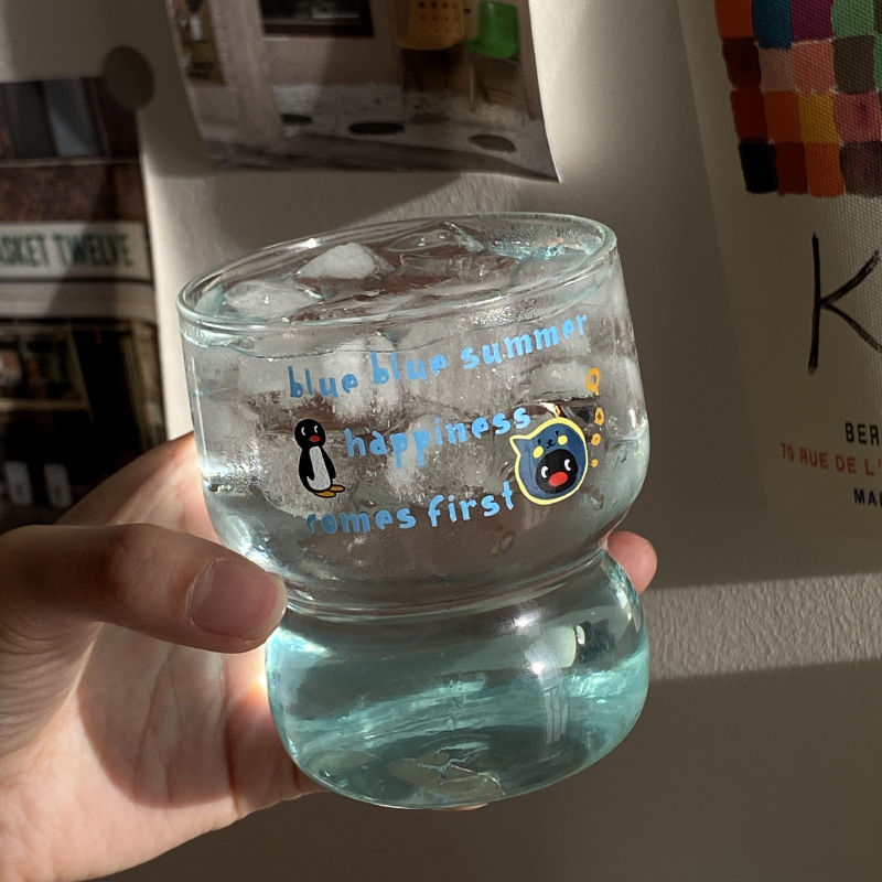 Homemade summer cute penguin Queer glass cup, niche Instagram simple tall borosilicate water cup, heat-resistant Item Picture