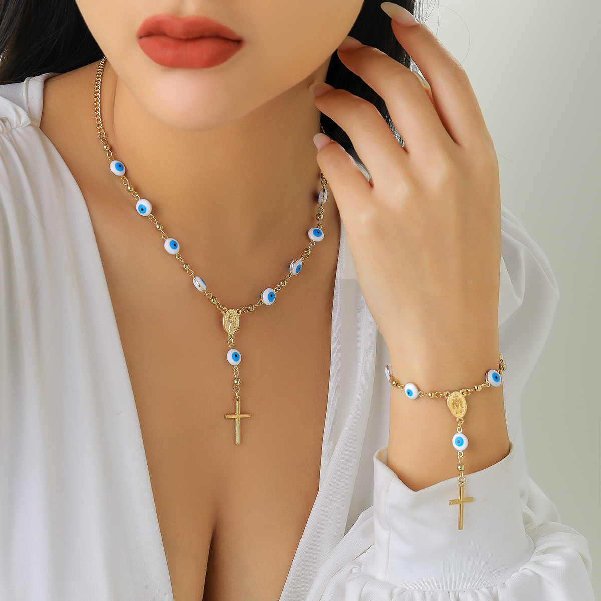 European and American cross-border jewelry, Bohemian style evil eye chain necklace, retro niche cross necklace full figure