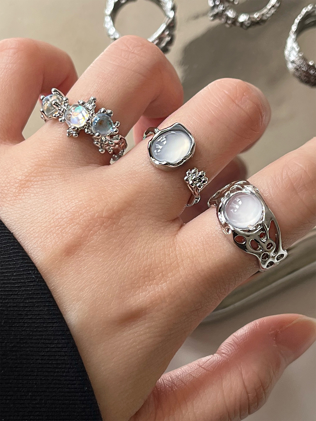 Clear and transparent moonstone ring, a niche design with an irregular texture, a unique and gender-neutral open index finger ring for couples details Picture