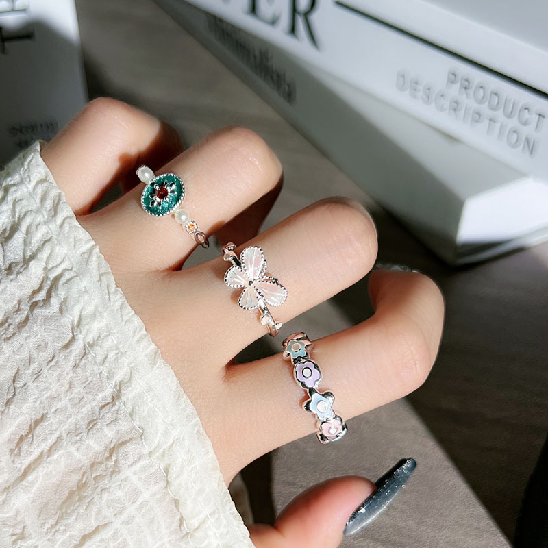 Korean style Instagram niche sweet and cool silver flower butterfly enamel fashion ring, a delicate and personalized design ring for women details Picture