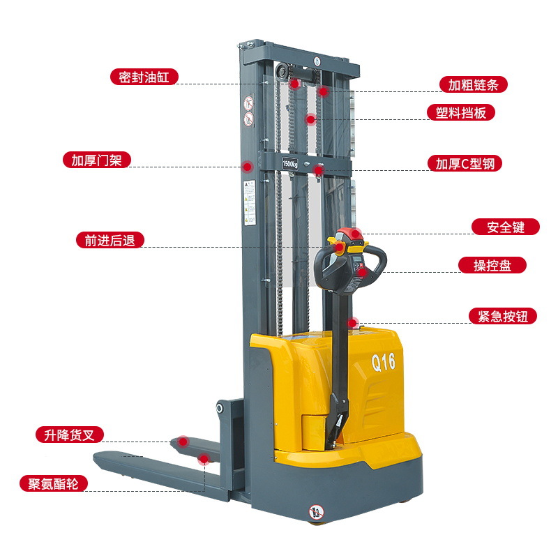 The fully electric walking forklift has a height of 2.5 meters and a load capacity of 1 ton and 2.5 tons. It is an electric stacker forklift and a walking forklift details Picture