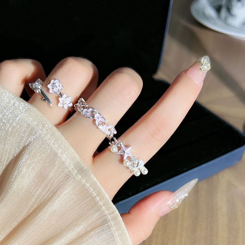 ins minimalist design starfish pearl open ring for women, pink flower butterfly sweet and unique niche ring details Picture