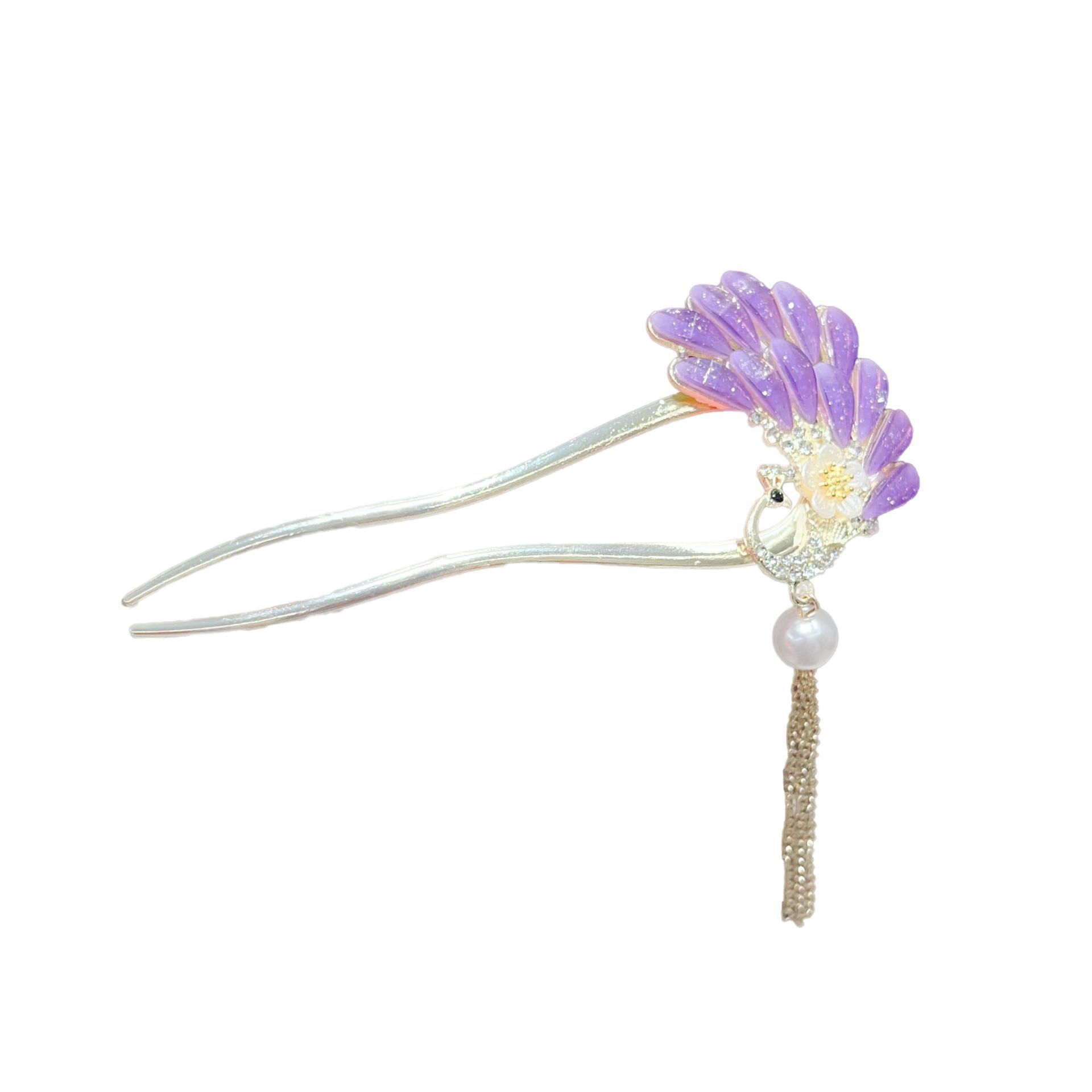 Ancient-style peacock tassel U-shaped hairpin for women, new Chinese-style pearl updo hairpin, cheongsam Hanfu, and step hairpin Item Picture