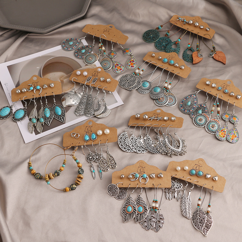A 6-piece Bohemian-style earring set with tassels and pendants in the Korean jewelry world, featuring cross-border retro ethnic style earrings details Picture