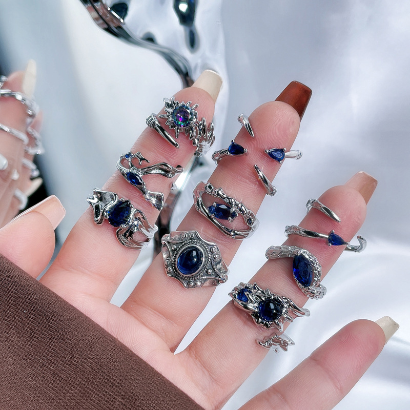 Retro blue zircon fashion versatile open ring, ins cold style, individual, niche, high-end, light luxury ring details Picture
