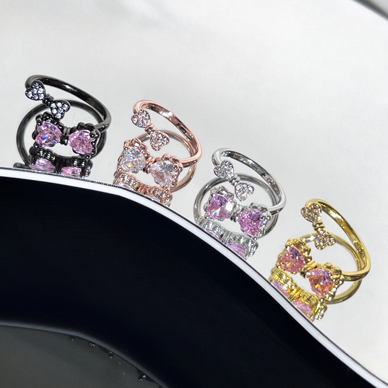 Sweet and girlish, elegant pink diamond heart-shaped bow ring for women, simple, individual, niche and cold style exquisite ring Specification drawing