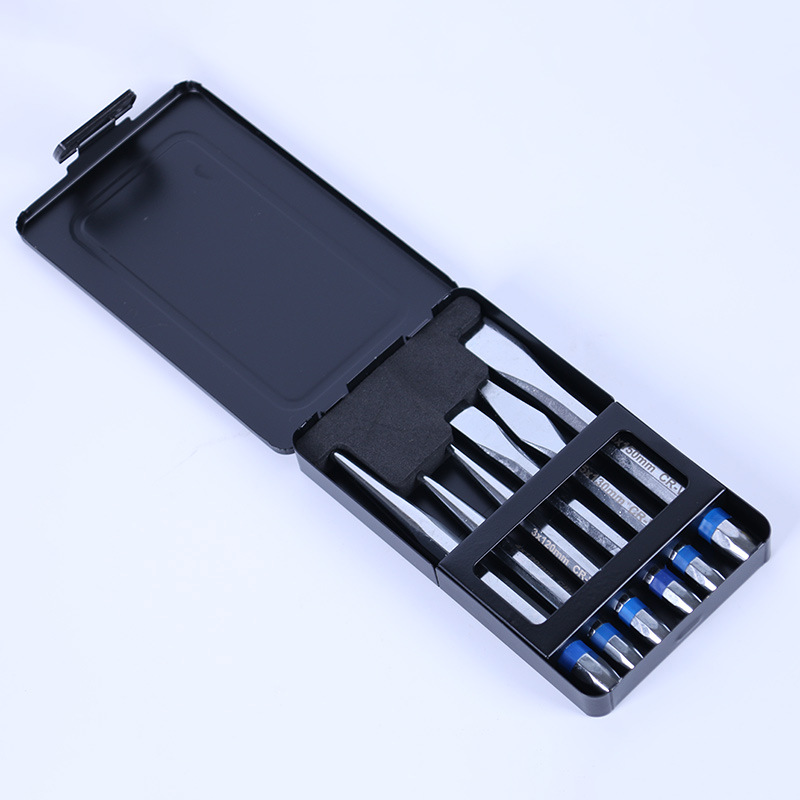 The manufacturer supplies six-piece sets of pins, flat punching chisel sets, pin punching conical punching chisel heads, flat punching pointed heads, chromium-vanadium steel mirror surfaces details Picture