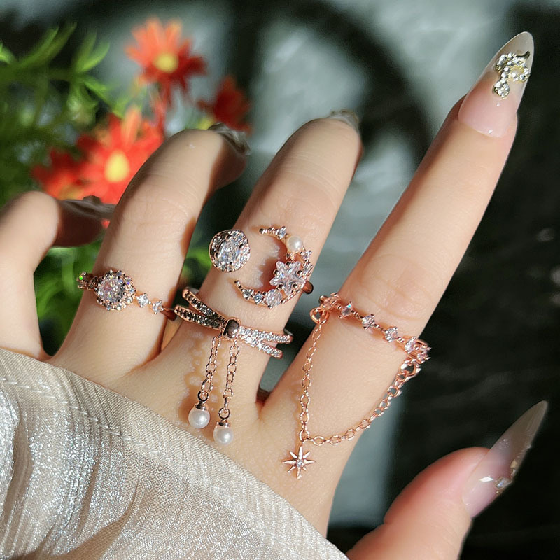 Korean rose gold row diamond chain tassel unique open ring, exquisite layering for women, a light luxury and high-end ring full figure