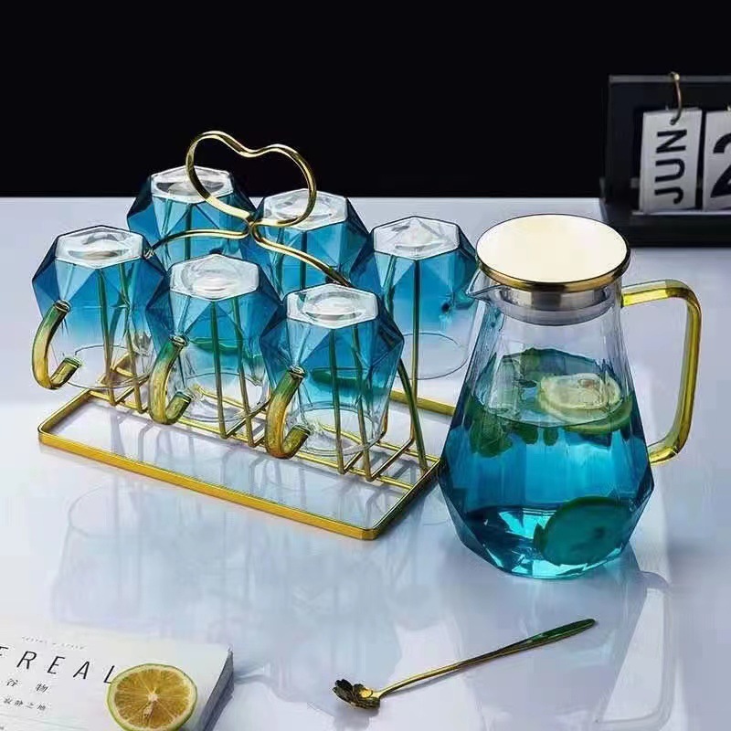 Wholesale of new gradient diamond cooling water kettle with handle and lid, marble kettle and high borosilicate heat-resistant glass water kettle set Specification drawing