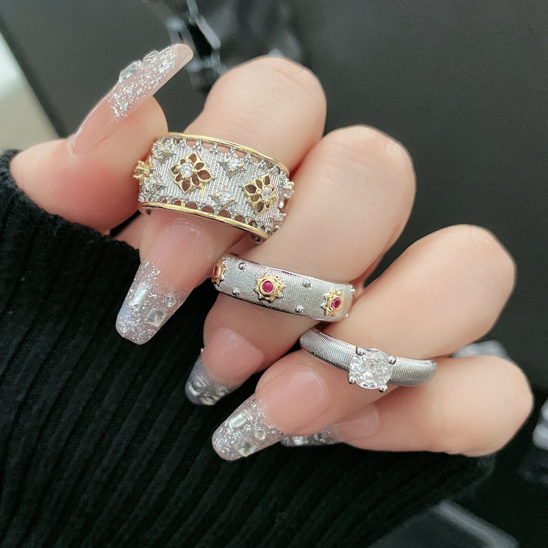 New Chinese-style, retro brushed, color-separated open ring, a fashionable and high-end ring with a touch of ancient court style for women full figure