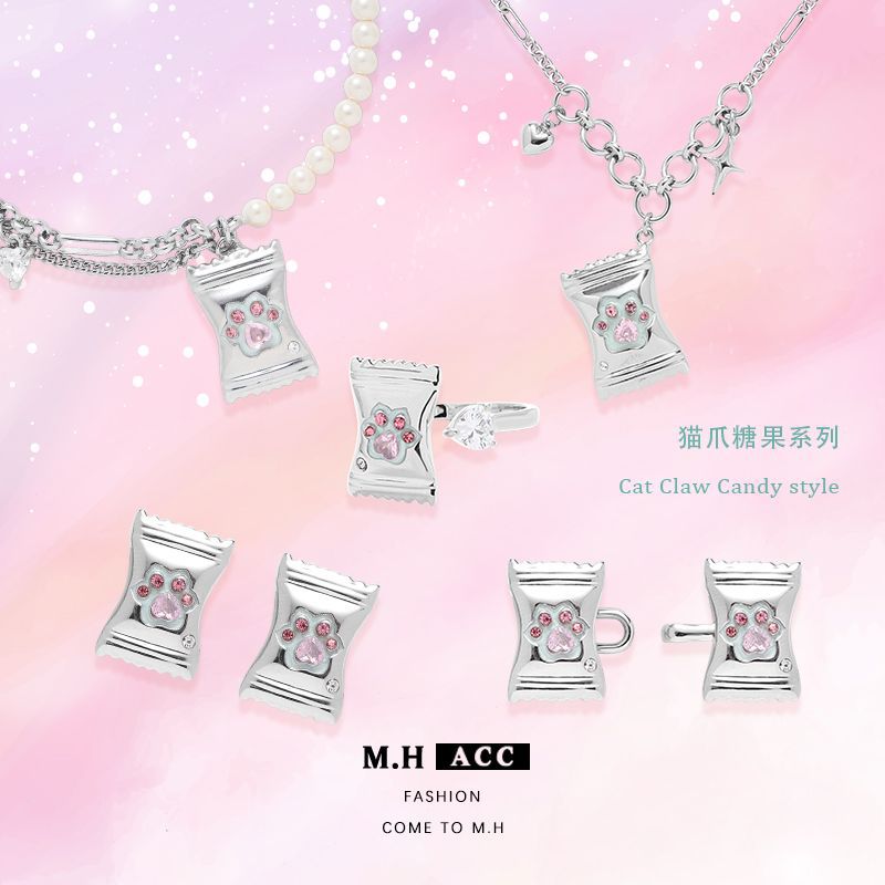 ins Sweet and Cool Cat Paw Candy Earrings 925 High-end Zircon Stud earrings wholesale Fashionable, versatile and cute earrings for women full figure