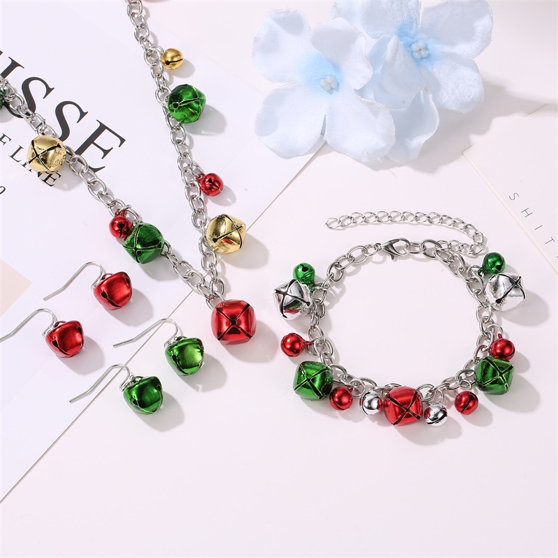 New cross-border Christmas necklace set, jewelry, colorful bell bracelet, earrings, Christmas accessories for women from Europe and America Specification drawing