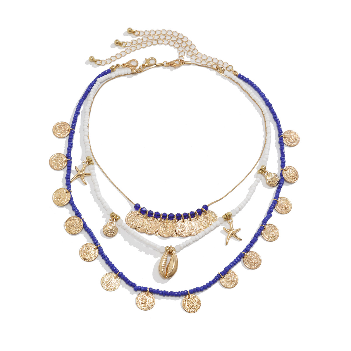 European and American cross-border jewelry vacation beach rice bead shell necklace set, fashionable alloy starfish collarbone neck chain Item Picture