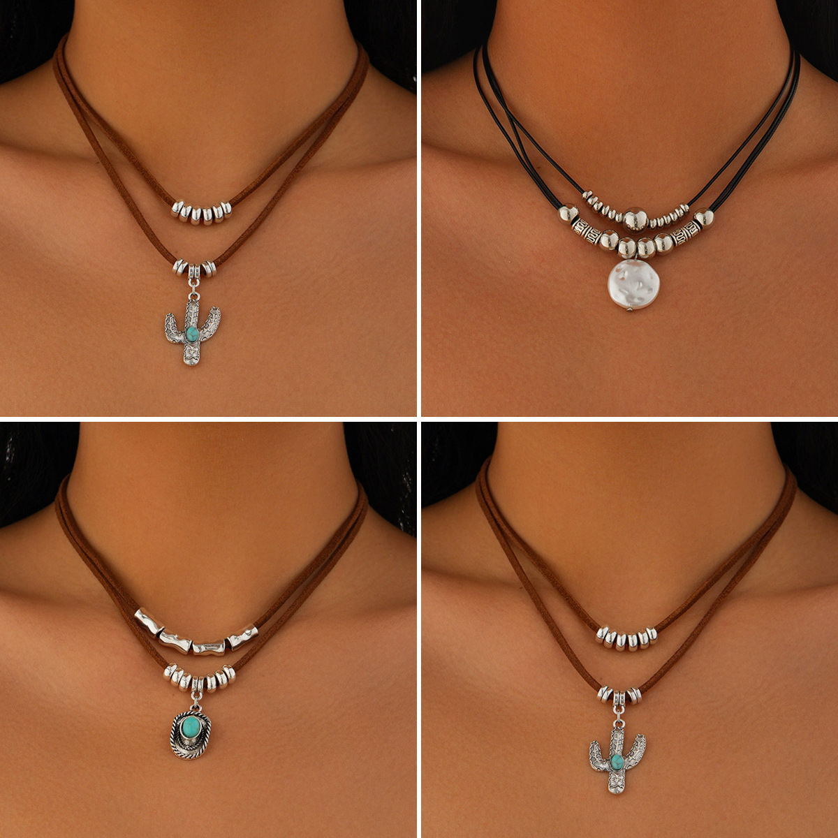 European and American cross-border jewelry, ins-style irregular turquoise necklace set, cactus alloy pendant, necklace and collar full figure