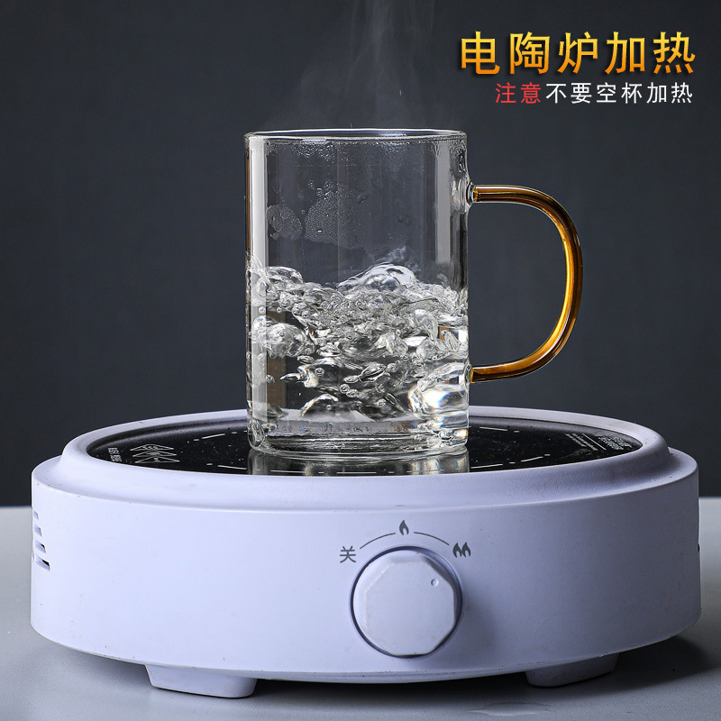 Wholesale home six-color water cup holder sets, transparent high borosilicate heat-resistant glass cups, tea cups for roasting around the stove Application Scenario