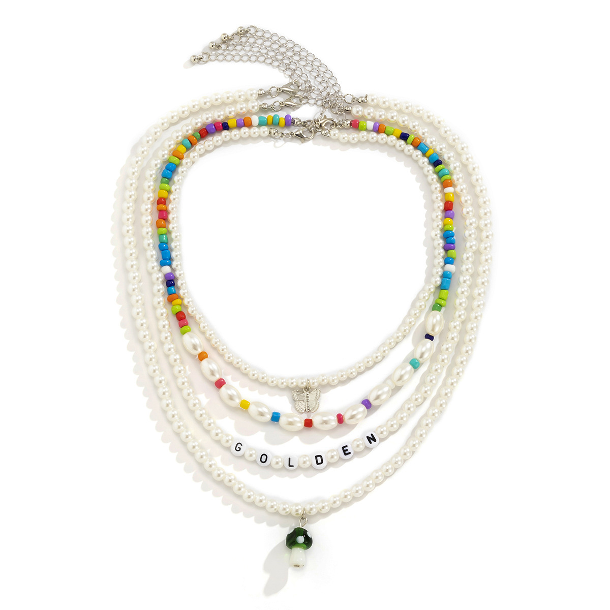 European and American sweet and cool multi-element acrylic letter round bead chain necklace, color-blocking rice beads, mushroom beaded, butterfly necklace Item Picture