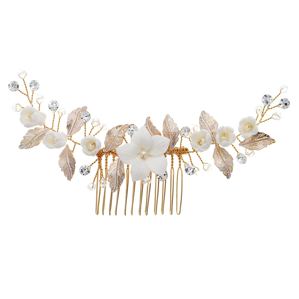 A new cross-border handcrafted bride's hair comb, a beautiful forest-themed wedding dress with a updo hairstyle and white ceramic flower insert comb Item Picture