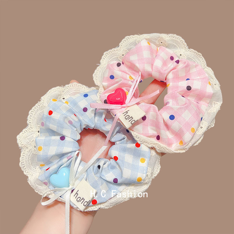 Romantic dopamine pink bow polka dot lace large intestine hair band, a high-end Korean-style sweet hair tie accessory for women full figure