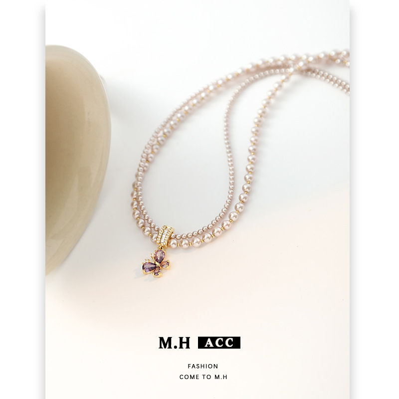 The new purple butterfly zircon pearl necklace is simple, elegant and high-end. It features a double-layered collarbone chain for women Application Scenario