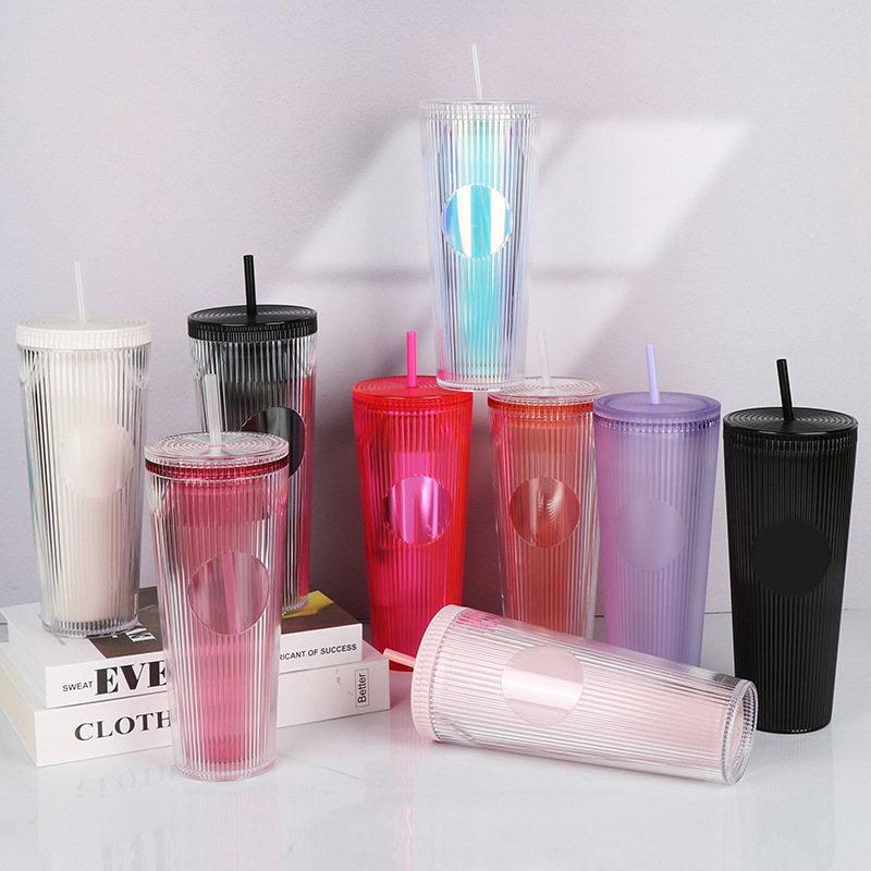 【 Processing and Customization 】 Wholesale of large-capacity double-layer insulated straw cups, vertical pattern straw cups, and white-collar commuting drinking cups full figure