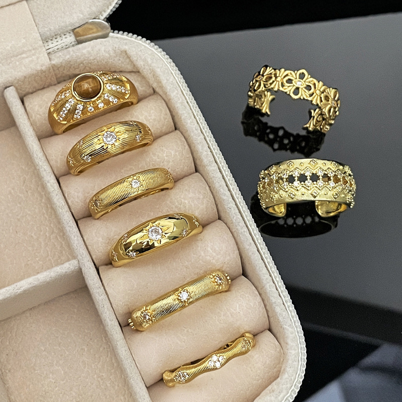 Fashionable brushed and hollowed-out retro high-end texture open ring for women, wide version starlight simple and individual food ring full figure