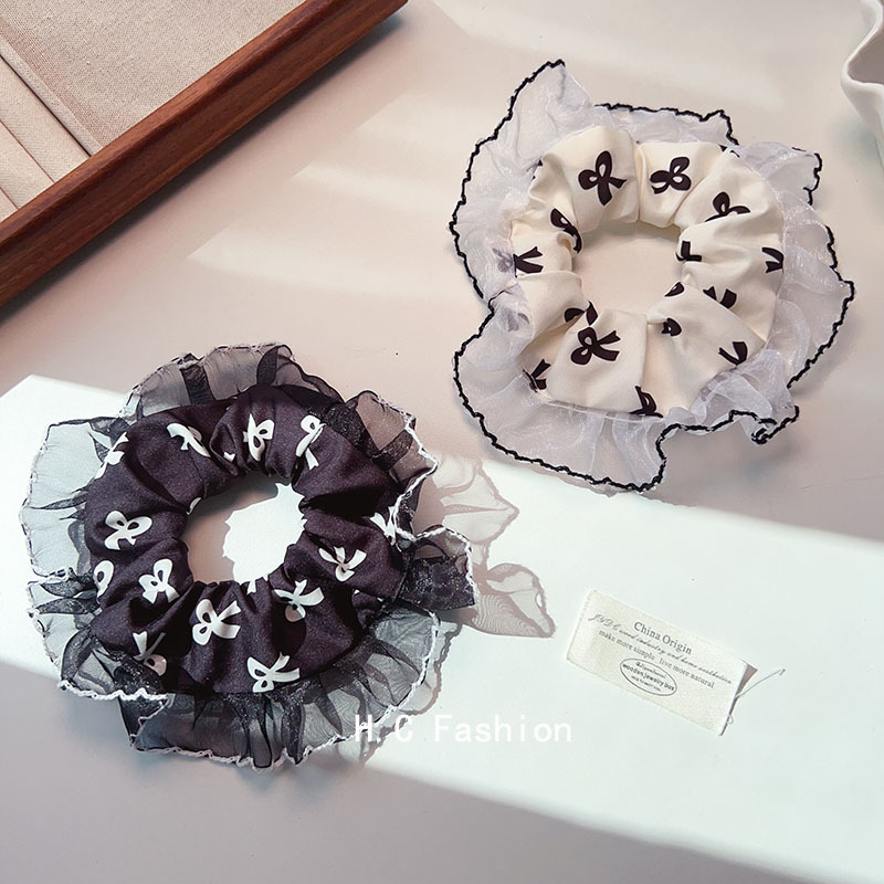 Sweet black and white large intestine hair band, bow skirt hem, lace headband, girlish ponytail, hair band, hair accessory Specification drawing