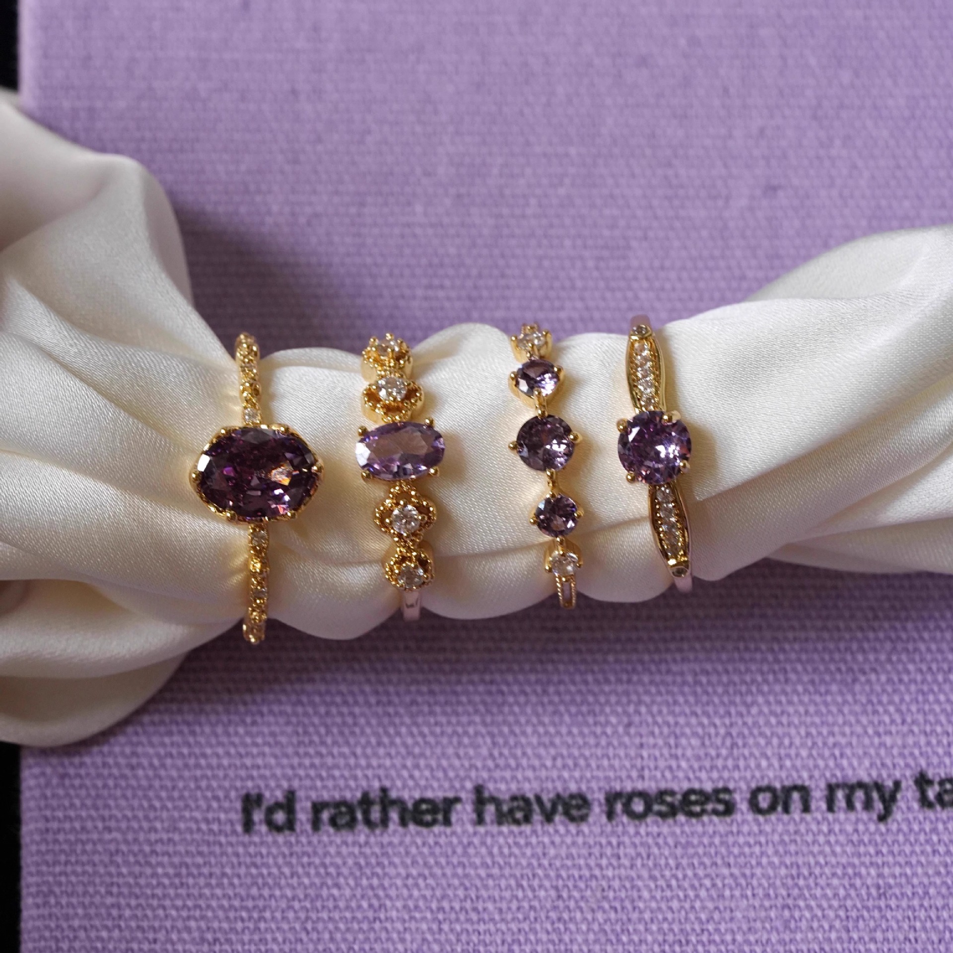 A limited edition French retro shining purple zircon ring for midsummer night, a gentle, luxurious and high-end open-top ring for women full figure