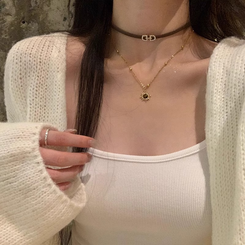 Maillard pu leather tiger's eye stone stacked choker necklace for women's autumn and winter sweater chain collarbone chain neck chain full figure