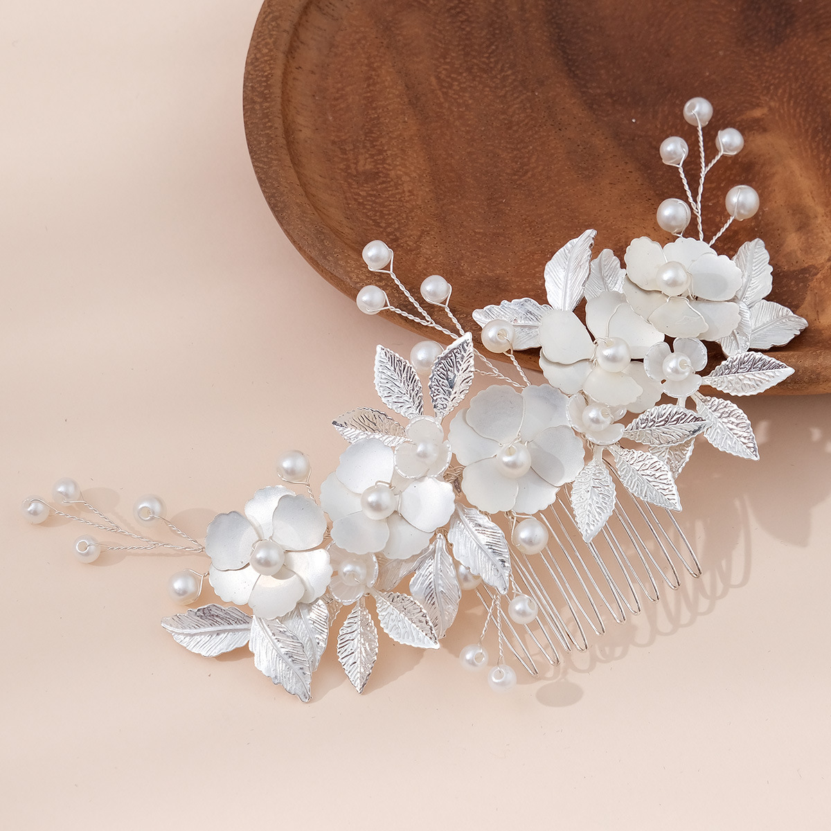 Forest-style alloy flower handcrafted bridal hair comb, high-end wedding dinner hair accessory, silver leaf and flower insert comb for women details Picture