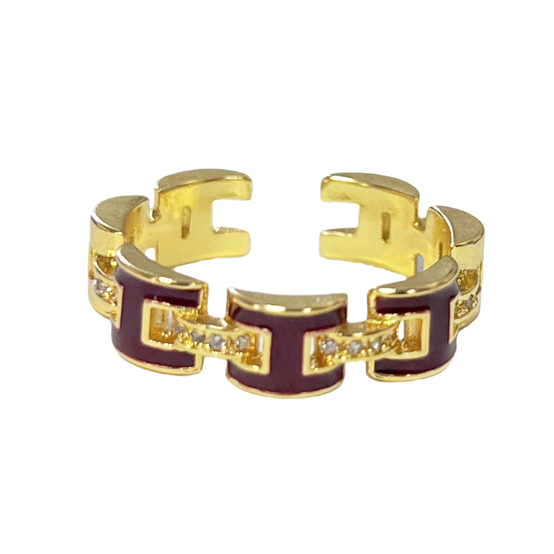 Wine red enamel H-letter ring, a light luxury and high-end women's butterfly sweet and cool index finger ring, a niche design bestseller ring Item Picture