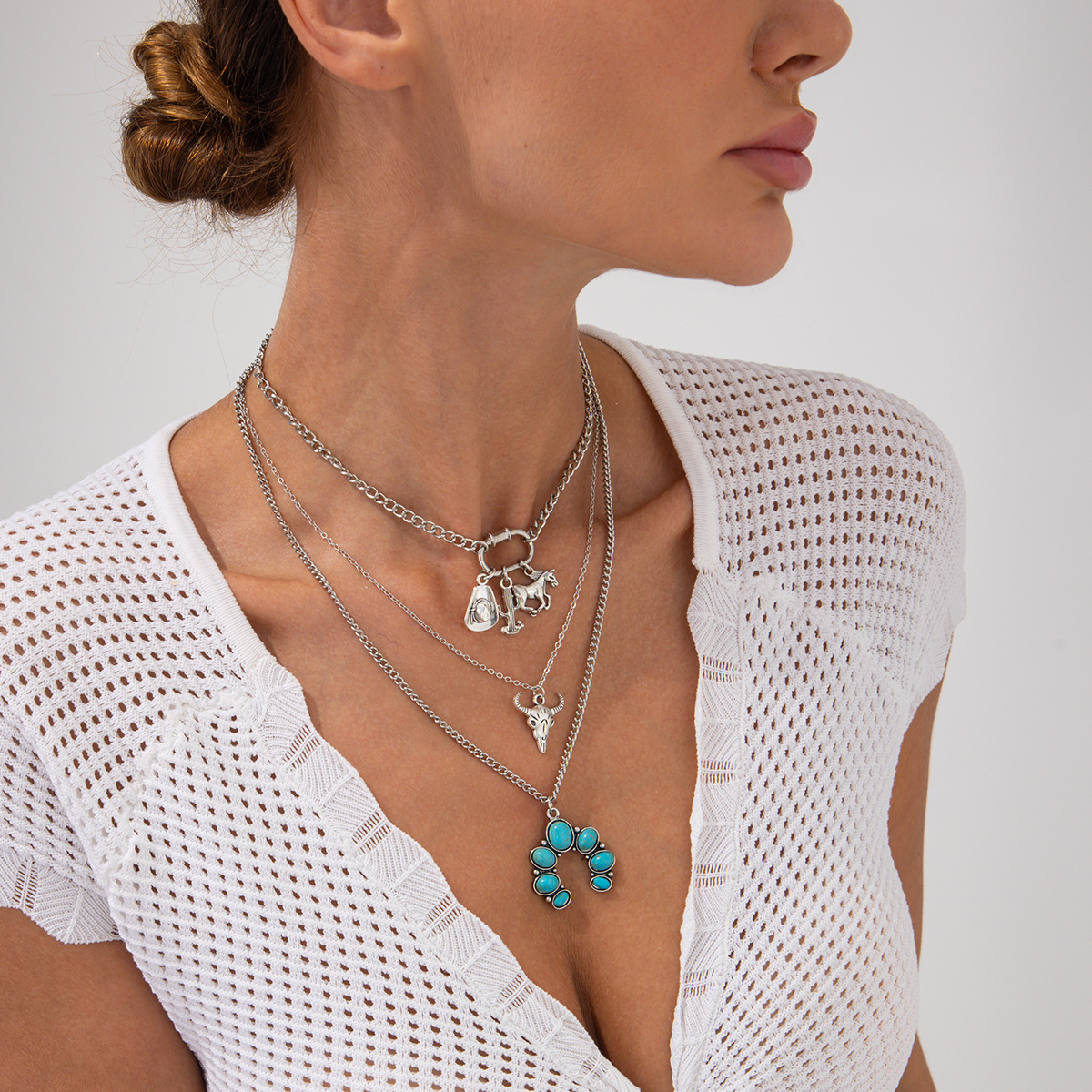 European and American cross-border jewelry, inS-style denim hat, alloy pendant necklace, retro turquoise collarbone necklace details Picture