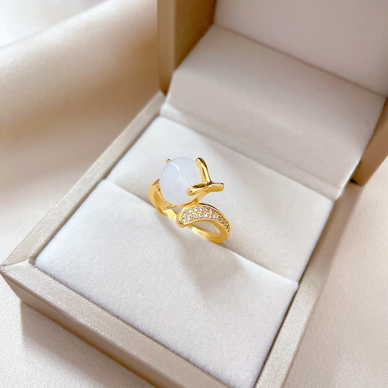 【 Real Gold 】 White jade Fox Zircon ring with adjustable opening, simple Japanese-style bracelet, couple rings details Picture