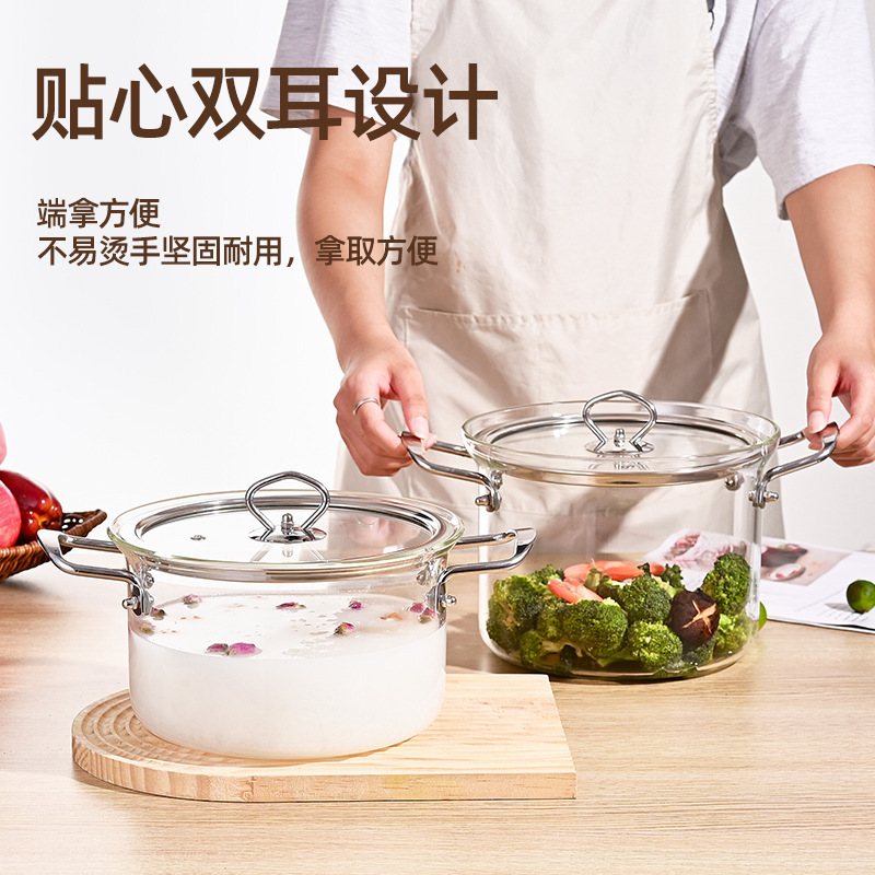 Wholesale transparent heat-resistant glass pot with double ears that can be heated for making soup and boiling water. Household large-capacity covered stew pot full figure