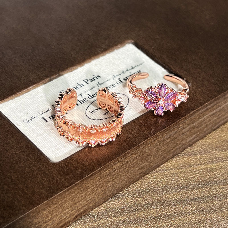 Japanese rose gold purple diamond bestseller snowflake grass cutting ring, a niche design for women, light luxury retro brushed ring Specification drawing