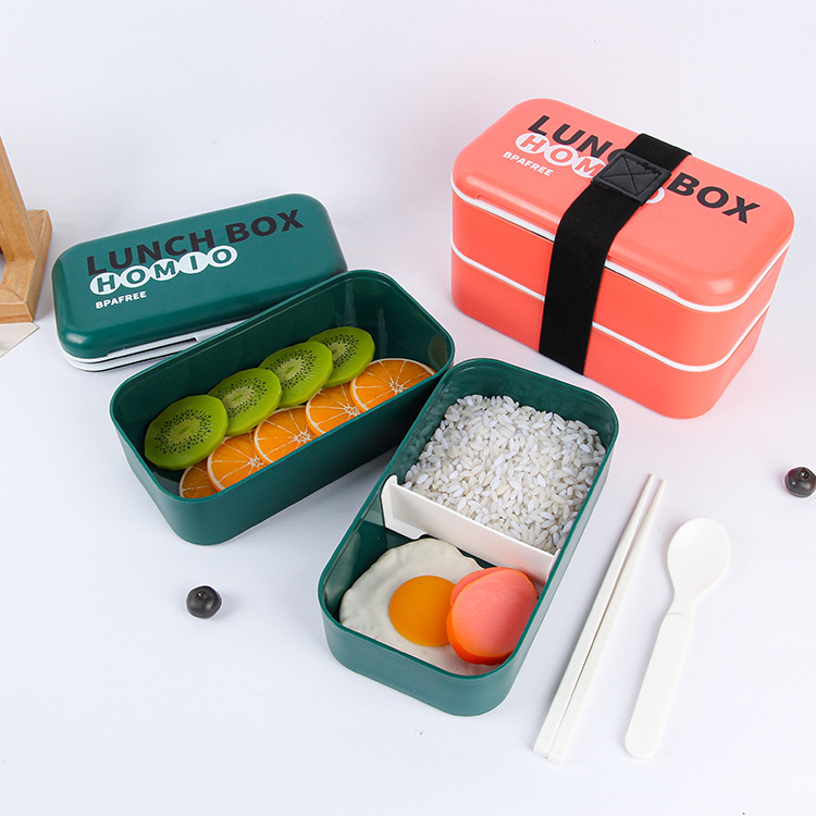Double-layer sealed lunch box with wheat straw straps, Japanese-style office worker lunch box, plastic student lunch box with tableware details Picture