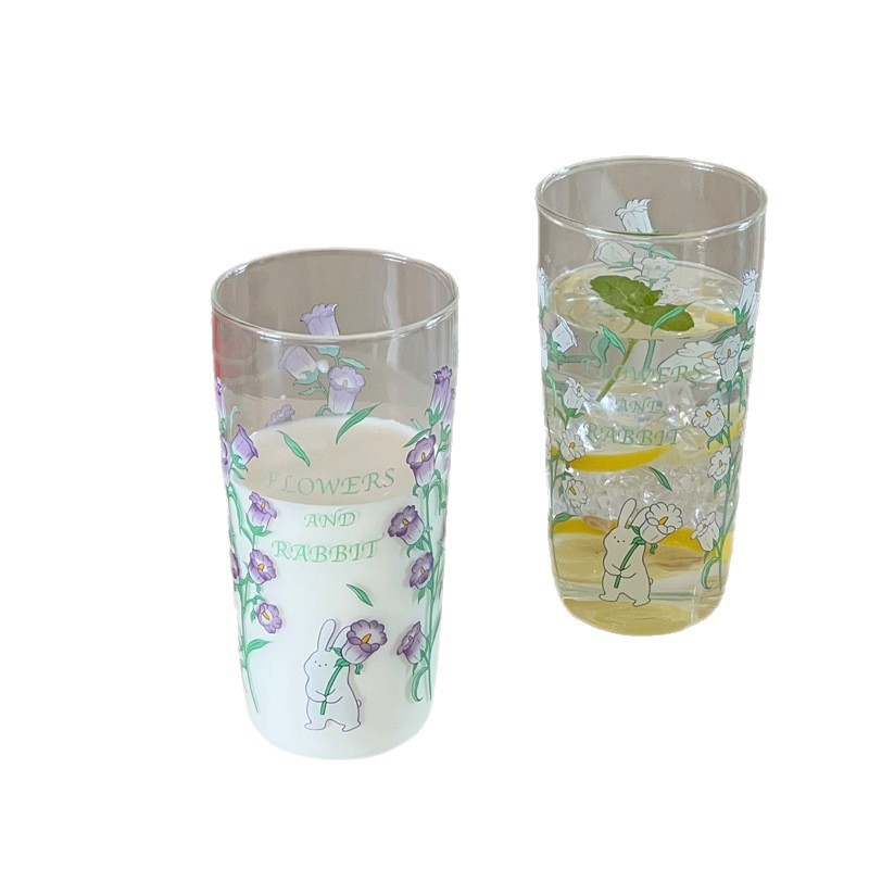 Floral ins large-capacity straight glass cups, simple campanula juice cups, milk cups, coffee cups, breakfast cups Item Picture