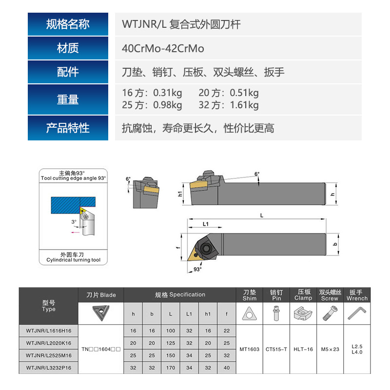 CNC tool holder 93-degree outer circle turning tool diameter triangular rough turning WTJNR2020K16/2525M16 lathe tool Specification drawing