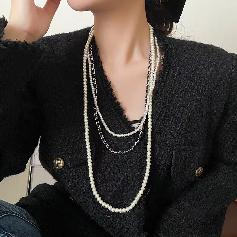 Shijia pearl leather multi-layer necklaces, fashionable and elegant sweater chains, retro, niche and versatile accessories wholesale Specification drawing