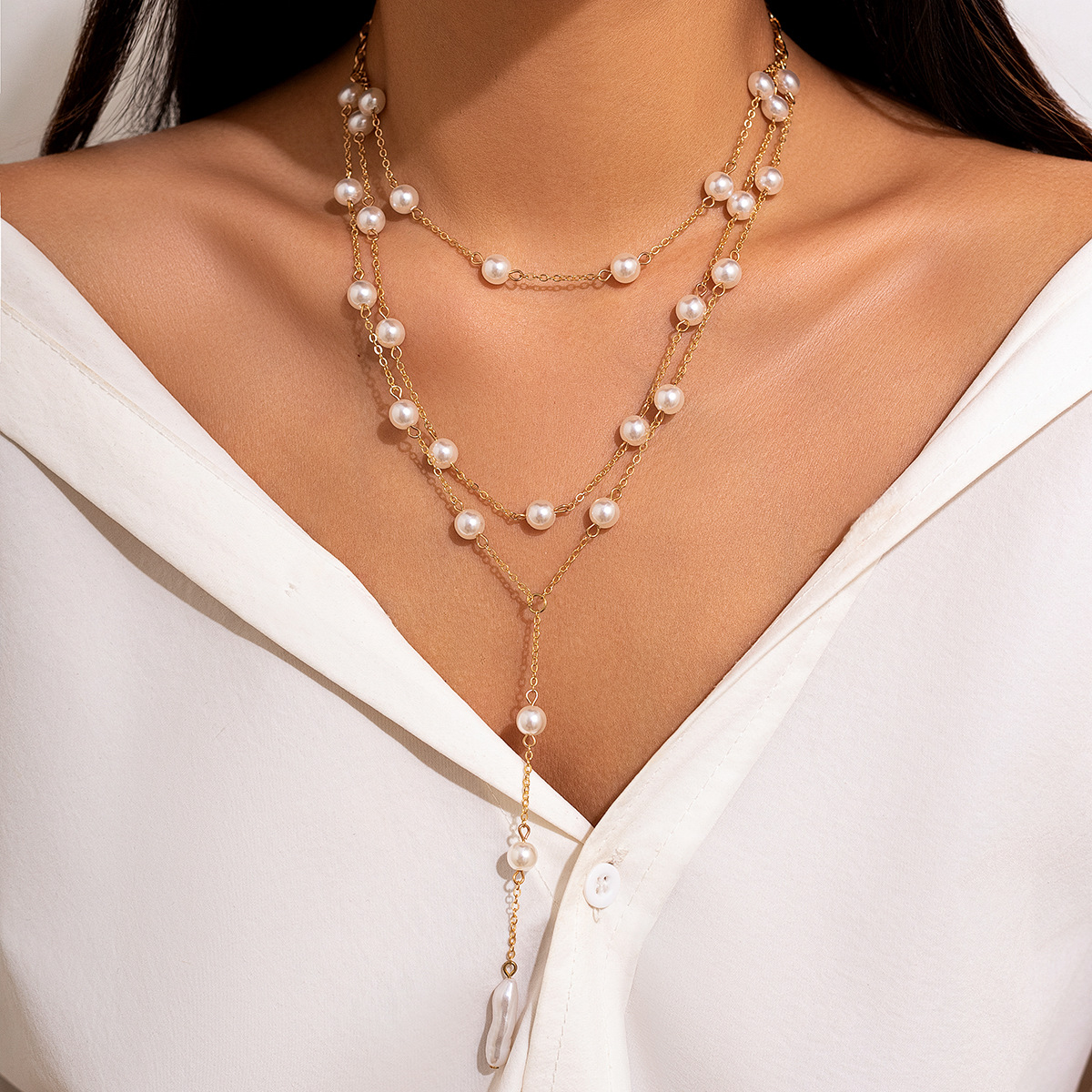 European and American cross-border accessories fashion pearl Y-shaped tassel necklace women 's business party multi-layer necklace necklace Specification drawing