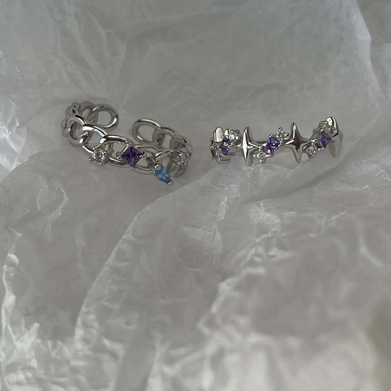 A niche design sense purple diamond zircon star chain open ring, a sweet and cool style for women to wear in layers, a fashionable and stylish ring trend Specification drawing