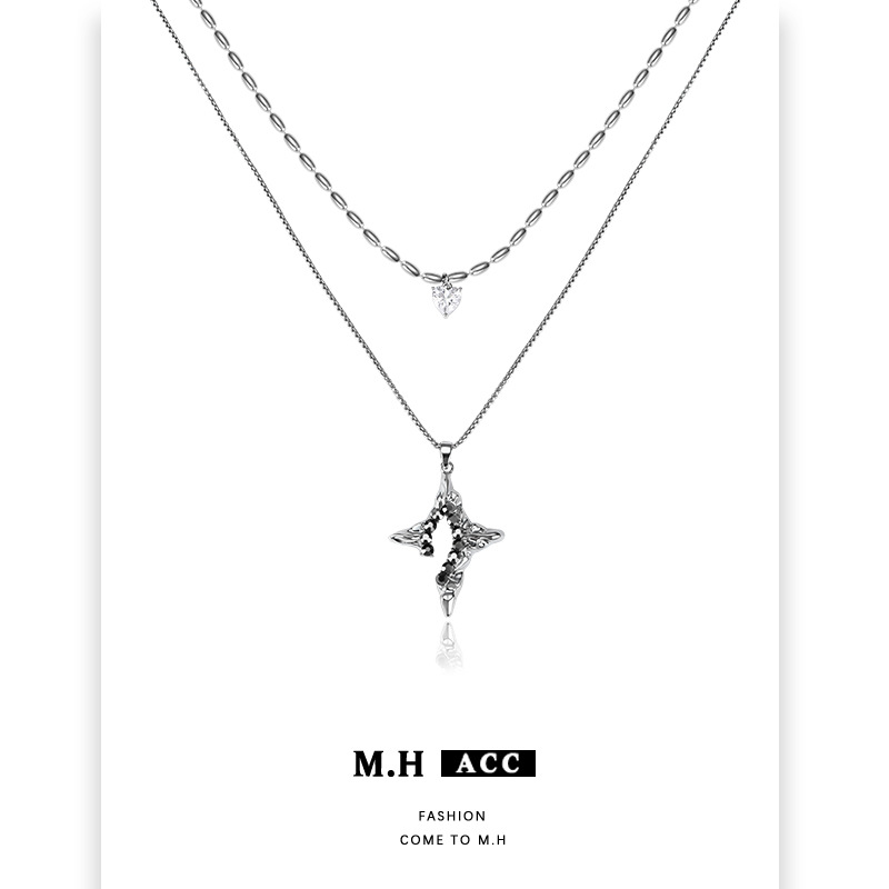 Original flowing four-pointed star double-layered necklace for women, a light luxury and high-end look, fashionable and versatile, exquisite and individual collarbone chain full figure