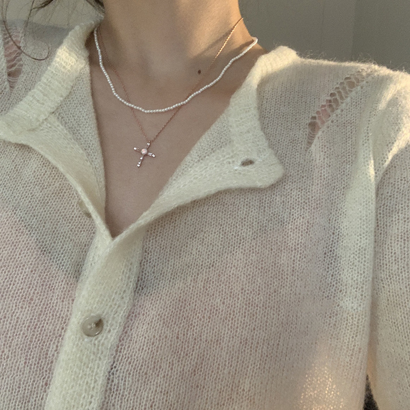 Cross Retro Pearl double-layer necklace, Korean zircon pastel cross necklace, feminine, niche retro style full figure