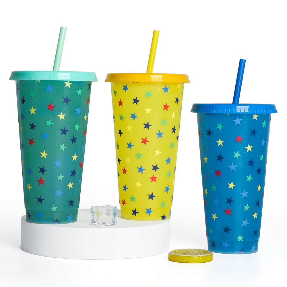 Factory direct supply of new temperature-sensitive plastic color-changing cups, single-layer beverage fruit tea cups that change color when cold, PP straw water cups details Picture