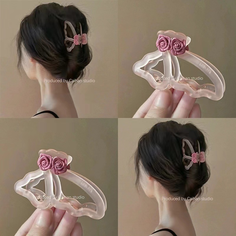 Super fairy-pink rose flower hair clip, medium size, small half, tied at the back of the head, retro shark clip, ins high-end feel details Picture