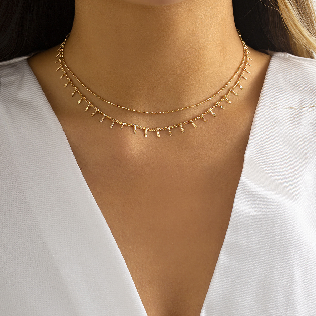 European and American cross-border jewelry, hip-hop simple double-layer bead chain, versatile necklace, metallic texture copper chain, stacked necklace for women full figure