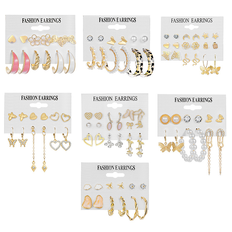 Butterfly, pearl, star, moon, snake, leopard print, airplane, C-shaped card earring set is selling well on wish in the Korean jewelry world full figure