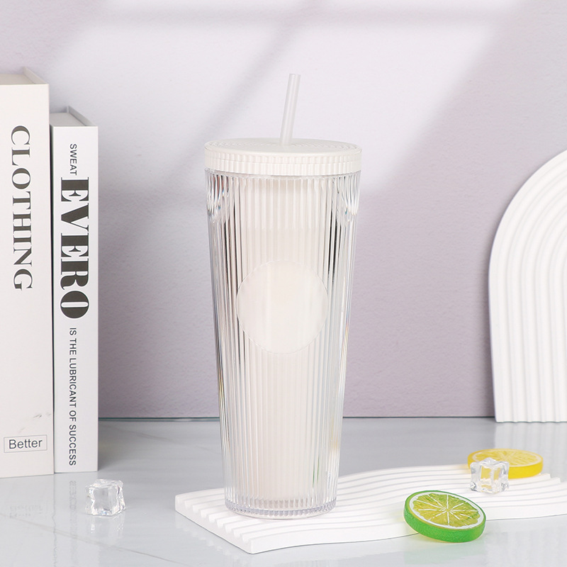 【 Processing and Customization 】 Wholesale of large-capacity double-layer insulated straw cups, vertical pattern straw cups, and white-collar commuting drinking cups Specification drawing