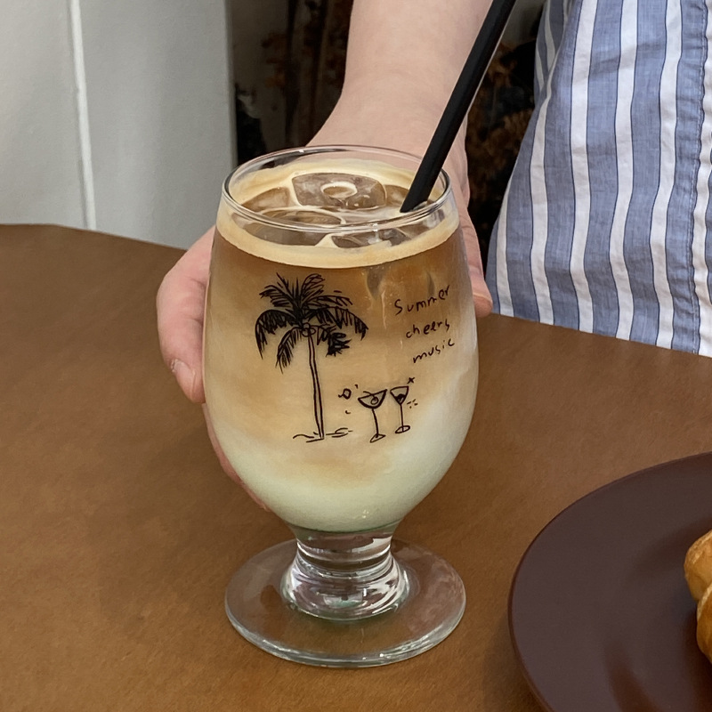 ins Summer hand-painted refreshing coconut tree retro tall glass, large capacity simple graffiti juice cup, milk cup, water cup details Picture