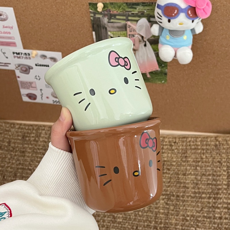 Ins-style black leather kt ceramic cups, mugs, home coffee cups, cream hellokitty girlish cups Specification drawing